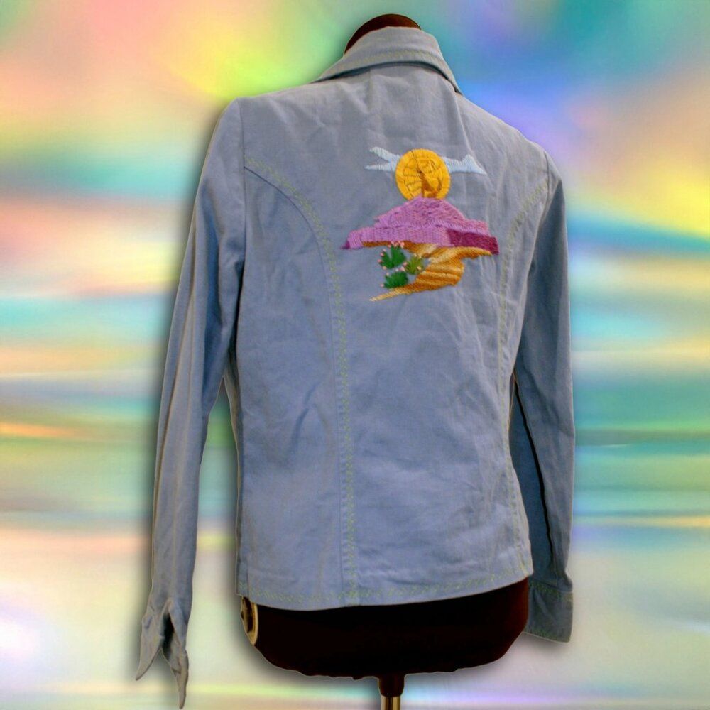 1970s Southwestern Vintage Embroidered Howling Wolf Denim Jacket